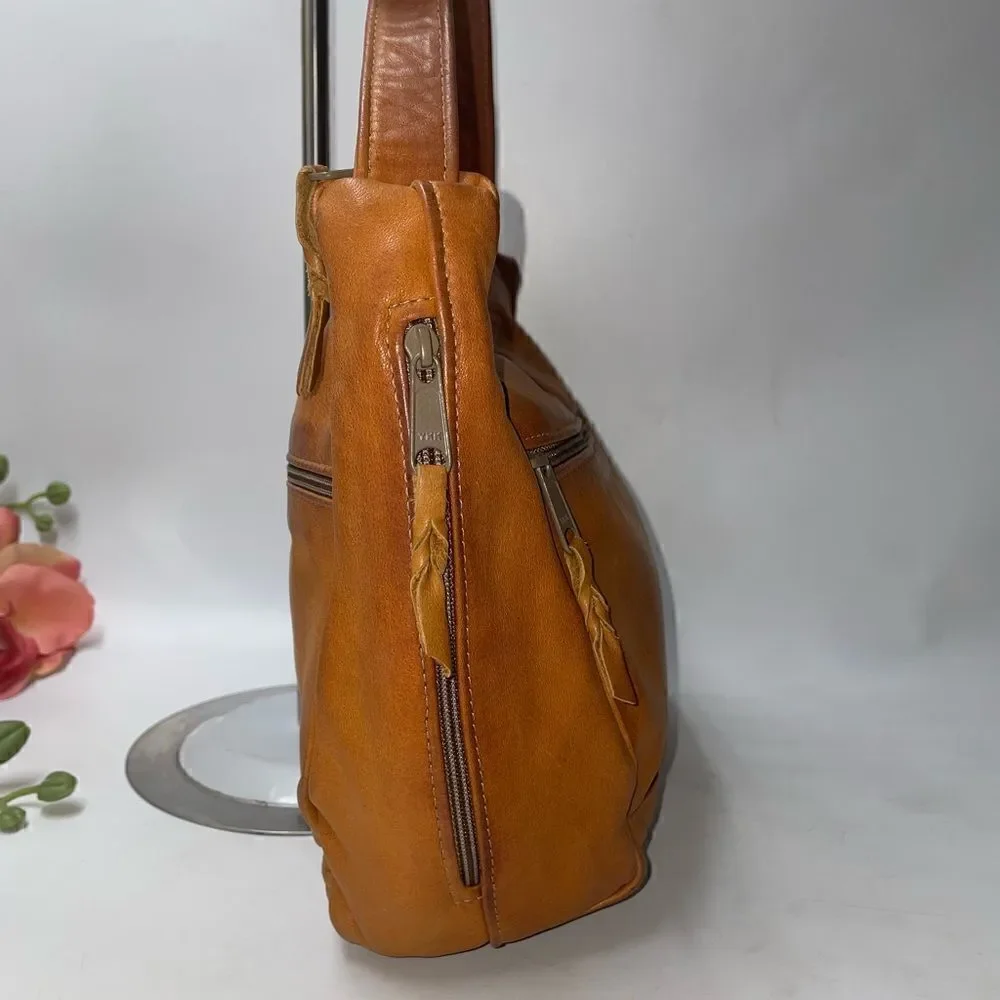 Vintage Forest Leather Shoulder Bag Camel Medium